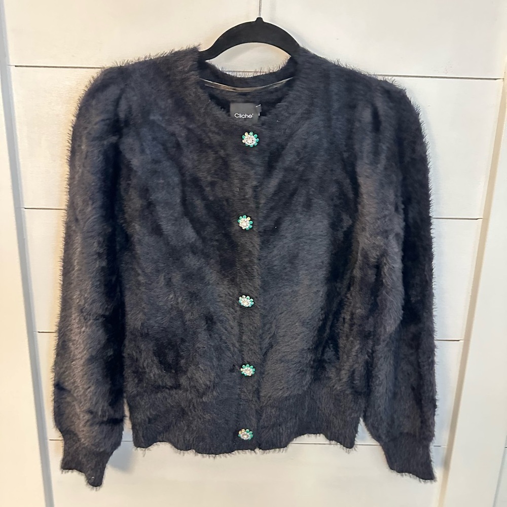 CLICHE M Fuzzy black rhinestone button contemporary retro soft cardigan